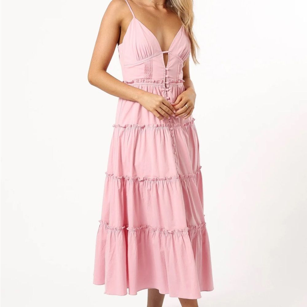 Petal & Pup Midi Dress in Pale Pink Womens Size Small Button Front Deep V Neck